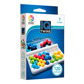 IQ Twins by Smart Toys & Games is a mechanical puzzle designed for ages 7 and up. The packaging displays colorful patterned pieces and highlights '120 challenges' for one player. It emphasizes creativity and problem-solving skills.