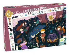 Observation Sorcerer's Apprentice jigsaw puzzle featuring whimsical illustrations of children, witches, and magical creatures in a colorful, enchanted forest setting. The box shows 54 pieces and includes a poster. Perfect for imaginative play and observation skills.
