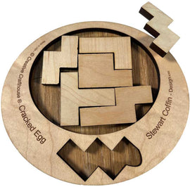 The Cracked Egg Puzzle by Creative Craft House is a mechanical puzzle featuring a circular wooden base with cut-out shapes. It includes various uniquely shaped wooden pieces that fit together to create a cohesive design, emphasizing problem-solving skills and creativity.