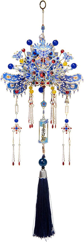 The Phoenix Coronet Honghu by Mu Model features a vibrant decorative hanging piece adorned with intricate floral and geometric patterns in blue, red, and yellow colors. The design includes multiple dangling elements like beads and chains, topped with an elegant tassel, making it an eye-catching DIY decorative kit.