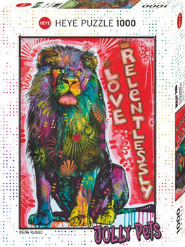 A colorful jigsaw puzzle box featuring a vibrant lion illustration with the words 'Love Relentlessly' prominently displayed. The artwork showcases bold colors and patterns, perfect for animal lovers and puzzle enthusiasts.