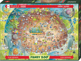 The Cosmic Habitat jigsaw puzzle by Heye features a vibrant, whimsical illustration of a funky zoo on a planet. It showcases a lively scene filled with colorful characters, aliens, and playful animals engaged in various activities. The puzzle contains 1000 pieces and is designed for both puzzle enthusiasts and families looking to enjoy a fun and engaging pastime together.