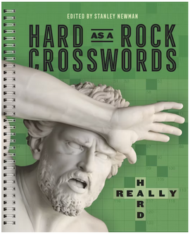 Cover of the book 'Really Hard Hard as a Rock Crosswords' edited by Stanley Newman. The design features a distressed statue-like face with a strong expression, surrounded by a green grid pattern. The title is prominently displayed in bold letters, emphasizing the crossword puzzle theme.