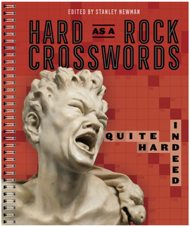 The cover of 'Hard as a Rock Crosswords' edited by Stanley Newman. Features an artistic depiction of a sculpture with a distressed facial expression, set against a red background with both crossword puzzle elements and bold typography of the title.