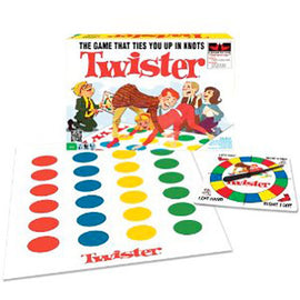 Twister game by Winning Moves featuring a colorful mat with red, yellow, green, and blue circles, along with a spinner and a box that reads 'Twister - The Game That Ties You Up in Knots'. Perfect for family fun and gatherings.