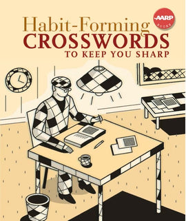 Cover of 'Habit-Forming Crosswords' by Sterling Publishing Company, depicting a man in a patterned outfit sitting at a table with a crossword puzzle, looking focused. The background shows a cozy room with a lamp, clock, and tables with papers.