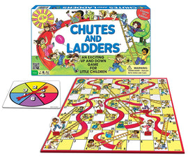 Chutes and Ladders board game by Hasbro featuring a colorful game board with ladders and chutes, a spinning wheel, and player pieces. The box displays vibrant illustrations and the title 'Chutes and Ladders' prominently, highlighting that it is an exciting game for children ages four and up.