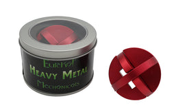 Heavy Metal: aXis puzzle by Eureka Puzzles, featuring a red metallic, interlocking mechanical design, shown outside its black cylindrical packaging with a transparent lid.
