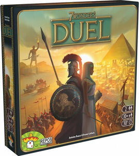 7 Wonders Duel board game box featuring vibrant artwork of ancient warriors and a cityscape with pyramids. Designed for 2 players aged 10 and up, with a playtime of 30 minutes.