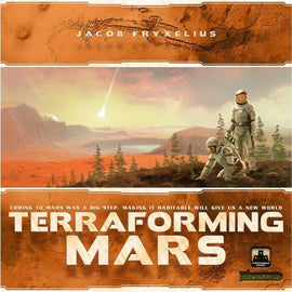 Cover of the game 'Terraforming Mars' by Stronghold Games. The artwork features two astronauts in a Martian landscape, with one planting vegetation. A comet streaks through the orange sky, signifying exploration and innovation in colonizing Mars.