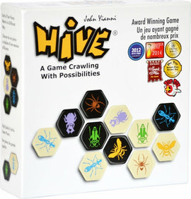 Hive game box featuring a vibrant design with the word 'Hive' prominently displayed. The lid showcases a variety of hexagonal tiles decorated with colorful insect illustrations, highlighting the game's strategic nature. The tagline 'A Game Crawling With Possibilities' is visible, along with several award logos indicating accolades received in 2012 and 2014.