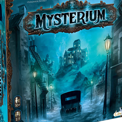 Mysterium game box by Libellud featuring an eerie illustration of a foggy street with a mysterious house in the background. The box showcases ornate designs and icons indicating it is suitable for 2-7 players aged 10 and above.