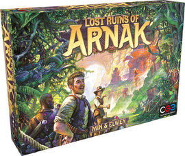 The box art for the game 'Lost Ruins of Arnak' by Czech Games. It features a lush, vibrant jungle scene with explorers, including two men and a woman, amidst ancient ruins and wildlife. The title is prominently displayed at the top in bold lettering.