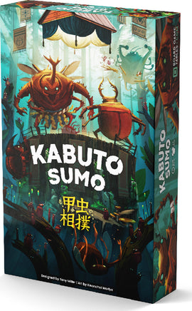 Kabuto Sumo board game by Allplay featuring vibrant box art. The design showcases colorful beetles engaged in sumo wrestling, with a whimsical backdrop of a mystical forest and a decorative stage. The title 'Kabuto Sumo' is prominently displayed in bold white lettering, emphasizing its playful theme.