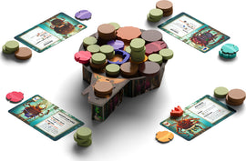 Kabuto Sumo by Allplay is an engaging game featuring a beautifully designed central board surrounded by various colorful tokens. The gameplay includes strategy cards placed around the board, providing players with unique abilities and challenges while attempting to outsmart opponents. Ideal for family game nights or gatherings, this game encourages interaction and fun.