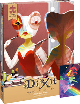 Chameleon Night jigsaw puzzle by Asmodee featuring vibrant artwork by Marina Coudray. The box displays a colorful illustration of a chameleon's reflection in a mirror, with painting tools below and includes a small featured card with unicorns against a rainbow background. This puzzle contains 1000 pieces, perfect for enthusiasts and puzzle lovers.