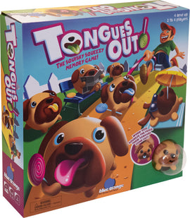 Tongues Out! game box by Blue Orange U.S.A. featuring fun, cartoonish pug characters with their tongues out, lollipops, and a colorful game board. Suitable for 2-4 players aged 4 and up, this squishy, squeezy memory game invites players to enjoy a playful memory challenge while interacting with adorable pug figures.