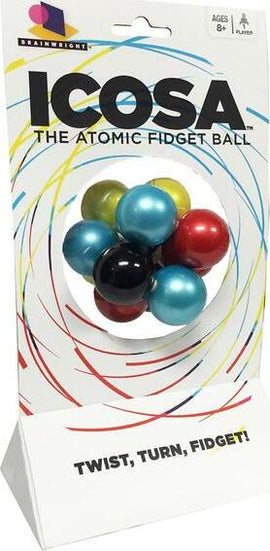 Icosa, a colorful fidget ball by Brainwright, featuring multiple vibrant spheres in blue, red, green, and black. Designed for twisting, turning, and fidgeting. Suitable for ages 8 and up.
