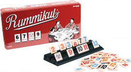 Rummikub: Retro Tin Edition game by Goliath featuring a bright red tin case with classic game artwork. The game includes colorful numbered tiles and a tile rack, ideal for family fun and strategic play.