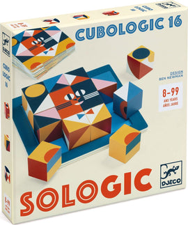 Cubologic 16 Sologic by DJECO, featuring colorful geometric blocks arranged playfully on a blue base. The packaging showcases vibrant designs with an illustration of a cat face, ideal for ages 8-99. A mechanical puzzle that encourages creativity and problem-solving skills.