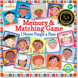 The I Never Forget a Face Matching Game by Eeboo features colorful illustrations of diverse children’s faces on cards. The game is designed to enhance memory skills while promoting inclusivity and fun, suitable for ages 3 and up. The packaging showcases a vibrant design with a multi-colored border and a gold award seal.