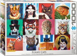 A Eurographics jigsaw puzzle titled 'Funny Cats' featuring 16 colorful illustrations of cats in humorous costumes and situations, including a cat wearing a crown, one in a top hat, and another with glasses. The artwork is vibrant and whimsical, capturing the playful personalities of cats.