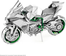 A detailed model of a Kawasaki Ninja motorcycle crafted from metal sheets. The motorcycle features an intricate design with angular pieces and visible components, showcasing a shiny metallic surface and bold green accents. Perfect for motorcycle enthusiasts and DIY kit lovers.