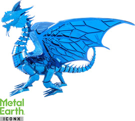 The ICONX: Blue Dragon DIY kit by Fascinations features a stunningly detailed, metallic blue dragon model. The dragon is poised in a dynamic stance with intricately designed wings, scales, and claws, showcasing craftsmanship and creativity. Perfect for hobbyists and collectors, this model captures the majestic essence of dragons.