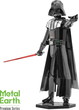 A detailed DIY metal model of Darth Vader from Star Wars, showcasing a sleek black finish. The figure stands with a red lightsaber, representing the iconic character from the film series. The model features intricate design elements and is displayed on a hexagonal base, perfect for fans and collectors.