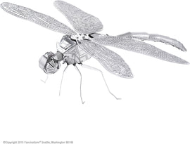 A detailed metal model of a dragonfly, crafted from thin metallic sheets. The model features intricately designed wings and a structured body with meticulous attention to detail. Ideal for DIY enthusiasts and collectors.