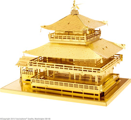 A finished DIY metal model of Kinkaku-ji, also known as the Golden Pavilion, made from intricate golden metal sheets. The model showcases detailed architectural features like layered roofs and balcony railings, resting on a square base.