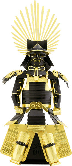 A detailed metal model of a traditional Japanese samurai armor, featuring intricate designs in gold and black. The armor includes a helmet with a crest and a striking display of layered plating, showcasing the artistry of Japanese craftsmanship. Perfect for DIY enthusiasts and collectors.