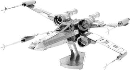 A detailed metal model of an X-Wing Starfighter from Star Wars, featuring intricate designs and a polished silver finish. The model is mounted on a base, showcasing its wings and engines in an open position, ideal for display.