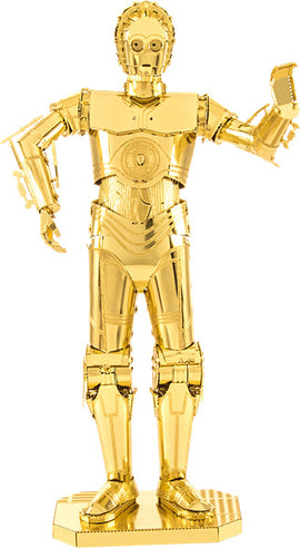 A shiny gold DIY model kit of C-3PO from Star Wars, standing upright with one arm raised. The intricate metal design showcases detailed features and a sleek finish, perfect for collectors and Star Wars enthusiasts.