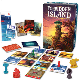 The game 'Forbidden Island' by Gamewright displayed in its box alongside game components. The box features vibrant artwork depicting an ancient island with ruins. Included are player pieces in various colors, cards, and a water level tracker. The layout showcases the island’s tiles and treasures to collect during gameplay, indicating a cooperative adventure for players aged 10 and up.