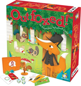Outfoxed! is a cooperative whodunit game designed by Gamewright. The colorful game box features a friendly fox in a hat, surrounded by woodland characters such as squirrels and rabbits. Included are game pieces like a detective figure, cards, and dice, all set against a vibrant forest backdrop.