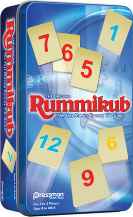 Rummikub Travel Tin featuring colorful numbered tiles from 1 to 12. The tin design showcases the game's title, Rummikub, and indicates it is suitable for 2 to 4 players aged 8 and up. The background is blue with a subtle pattern, emphasizing the game's identity.