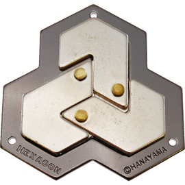 The Hanayama Cast Hexagon is a mechanical puzzle featuring a sleek hexagonal design with interlocking shapes and three protruding brass balls. Its polished metal finish and intricate layout create an engaging challenge for puzzle enthusiasts, making it an elegant addition to any collection.