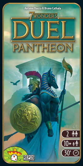 The game '7 Wonders Duel: Pantheon' features an artistic cover with two powerful figures: a warrior with a shield and a mythical creature. Intricate details include ancient architecture in the background and symbols of mythology. The box indicates it is for 2 players, ages 10 and up, with an estimated playtime of 30 minutes.