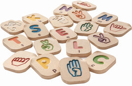 Hand Sign A-Z Alphabet PW by Plan Toys features colorful wooden pieces representing each letter of the alphabet in sign language. Each piece shows a hand gesture and the corresponding letter, designed to aid learning and enhance communication skills. Perfect for educational play, this game encourages hand-eye coordination and fosters early literacy.