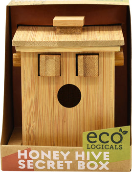 The Honey Hive Secret Box by Project Genius is a mechanical puzzle designed to resemble a small wooden honey hive. It features a textured bamboo finish, a roof with a small knob, and two sliding drawers on either side that open to reveal secret compartments. This intricately crafted puzzle combines the charm of a nature-inspired design with the challenge of a mechanical puzzle, perfect for lovers of brain teasers and unique home decor.