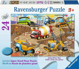 Ravensburger Construction Fun jigsaw puzzle featuring colorful construction vehicles like trucks, excavators, and cranes in a vibrant construction scene. The puzzle is designed for children ages 3 and up, measures 3x2 feet, and consists of 24 large pieces. Ideal for engaging young minds in creative play and problem-solving.