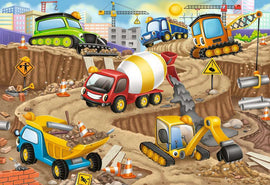 A colorful jigsaw puzzle titled 'Construction Fun' depicting a busy construction site with cartoon vehicles such as a cement mixer, bulldozer, and dump truck. The scene features construction cones, warning signs, and building cranes set against a city backdrop, designed for children to engage in imaginative play while assembling the pieces.