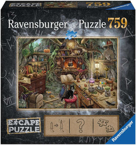 Witch's Kitchen jigsaw puzzle by Ravensburger featuring a detailed, enchanted scene inside a witches' kitchen. The image shows a cozy room filled with magical potions, herbs, and a black cat sitting on a colorful stool. Aromatic plants hang from the walls, and warm light glows from a fireplace filled with curious objects and spellbooks.