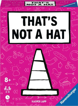 Game box for 'That's Not a Hat' by Ravensburger featuring a bright pink background with various doodles. The prominently displayed title is bold and black, with a humorous illustration of a traffic cone, emphasizing fun for ages 8 and up. Suitable for 3-8 players and takes about 15 minutes to play.