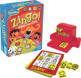 Zingo! game by ThinkFun featuring a colorful box design. The game includes a zinger machine, bingo cards, and various tokens with images. Suitable for ages 4 and up and allows 2 to 6 players to engage in a fun, educational bingo experience.