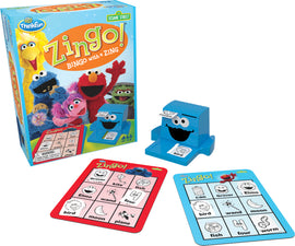 Sesame Street Zingo! game by ThinkFun featuring colorful game box with beloved characters like Elmo and Cookie Monster, a Zingo dispenser, and bingo cards displaying various images and words. Perfect for family fun and learning.