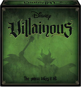 The box for Disney Villainous game by Ravensburger, featuring a bold green background with ornate black text that reads 'Villainous' and the tagline 'The worst takes it all,' with a mysterious shadow of a villain in the background.