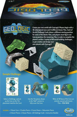 GeoLogic by Thinkfun is a world-building logic puzzle where players use a 30-sided planet Core and 14 biome Tiles to create unique planets. The game includes 60 challenge cards that present different configurations for players to solve, encouraging creativity and strategic thinking. The components featured include various biome Tiles such as tundra, forest, mountain, desert, and ocean pieces, along with an instruction booklet.
