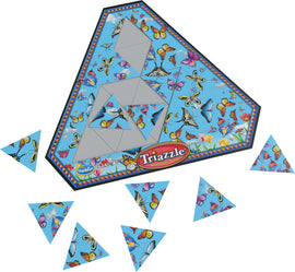 Triazzles Butterflies mechanical puzzle from Think Fun, featuring various butterfly designs on a blue background. It includes triangular pieces that fit together to create a butterfly-themed design, ideal for brainteasers and enhancing spatial skills.